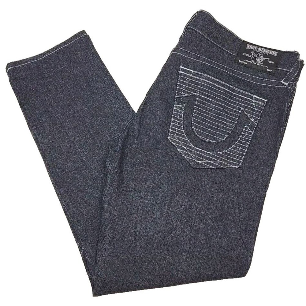 True Religion Jeans Moto Slim Men Sz 42 x 34 Dark Wash Contrast Stitch Textured